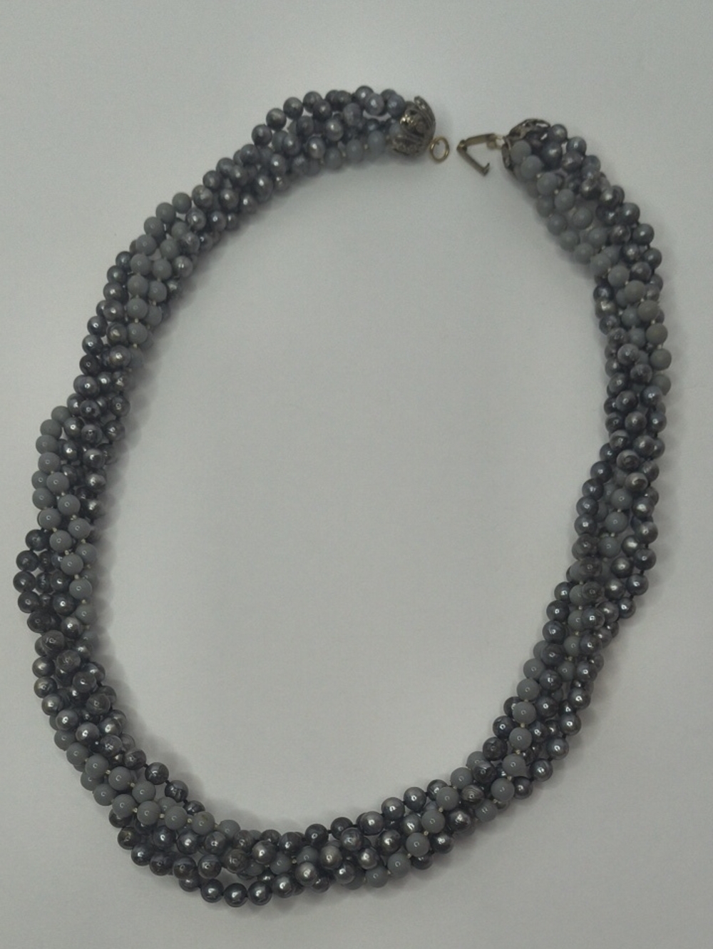 1950s Smoky Gray Torsade Multi-Strand Plastic Beaded Necklace Retro Style